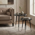 Black and Silver Set of 2 Side Tables with Raised Rim Tops and Silver Leg Tips | Halle