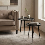 Black and Silver Set of 2 Side Tables with Raised Rim Tops and Silver Leg Tips | Halle