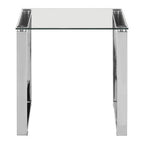 Square Glass Top End Table with Silver Stainless Steel Legs, Allure
