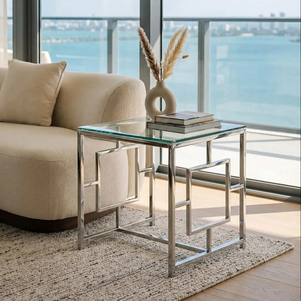 Silver Reflective Frame End Table with Clear Tempered Glass Top | Allure