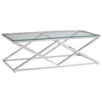 Silver Reflective Stainless Steel Coffee Table with Clear Tempered Glass Top | Allure