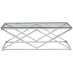 Silver Reflective Stainless Steel Coffee Table with Clear Tempered Glass Top | Allure