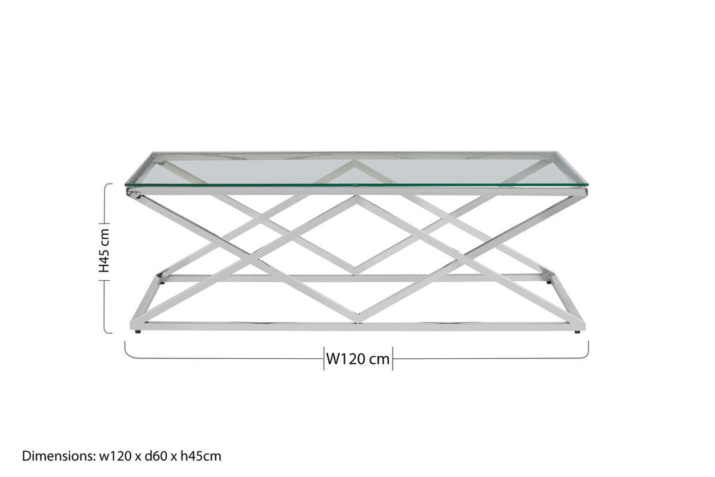 Silver Reflective Stainless Steel Coffee Table with Clear Tempered Glass Top | Allure