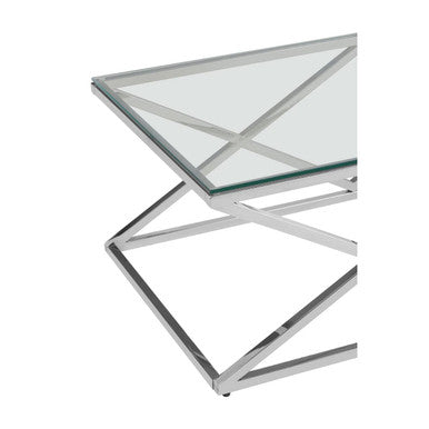 Silver Reflective Stainless Steel Coffee Table with Clear Tempered Glass Top | Allure