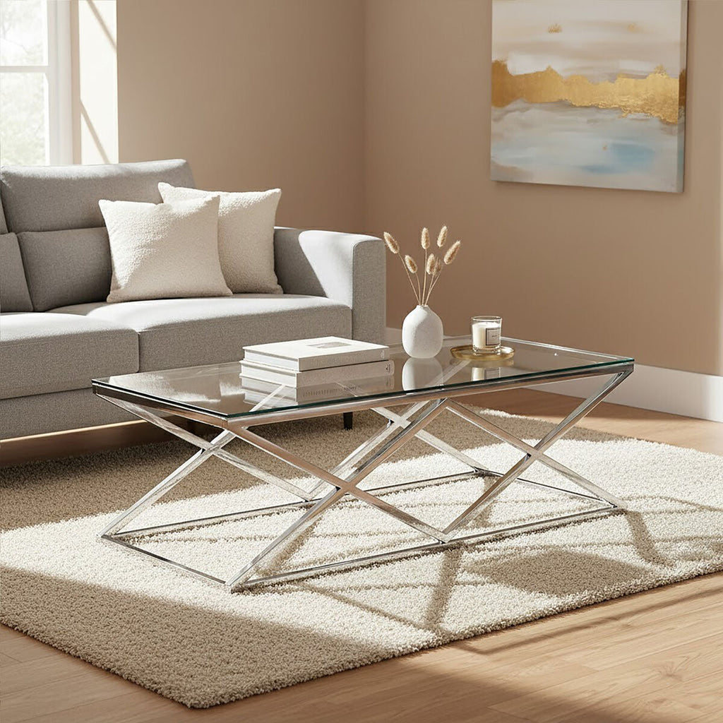 Silver Reflective Stainless Steel Coffee Table with Clear Tempered Glass Top | Allure