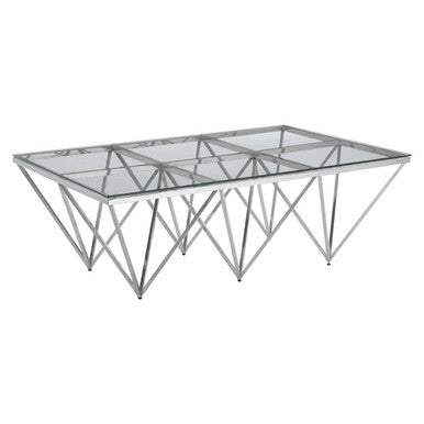 Silver Prismatic Base Coffee Table with Clear Glass Top and 6 Pincer Style Legs | Allure