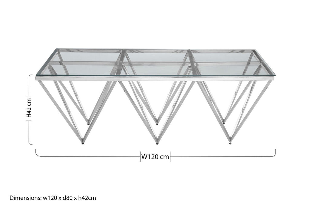 Silver Prismatic Base Coffee Table with Clear Glass Top and 6 Pincer Style Legs | Allure