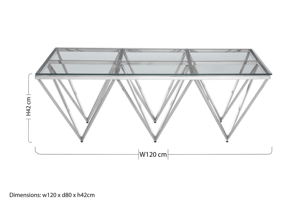 Silver Prismatic Base Coffee Table with Clear Glass Top and 6 Pincer Style Legs | Allure