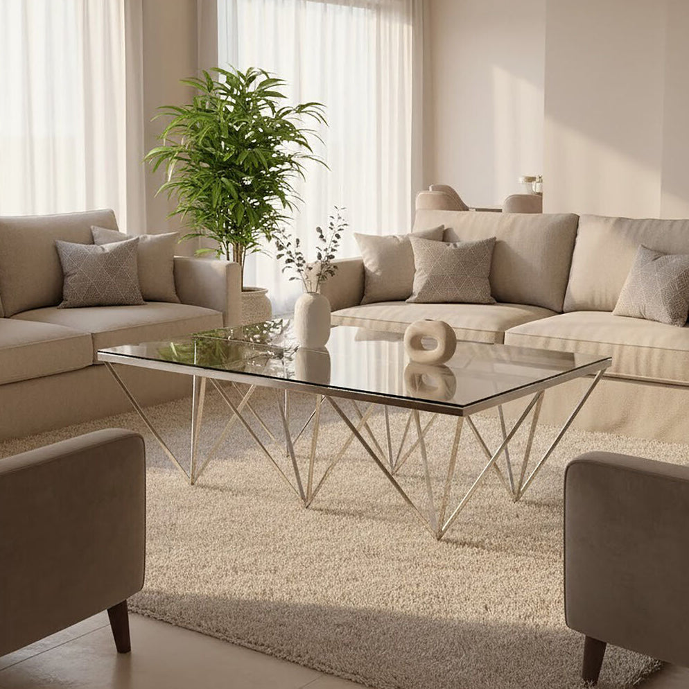 Silver Prismatic Base Coffee Table with Clear Glass Top and 6 Pincer Style Legs | Allure
