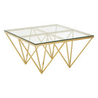 Gold Prismatic Square Coffee Table with Clear Glass Top and Pincer Style Legs | Allure