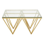 Gold Prismatic Square Coffee Table with Clear Glass Top and Pincer Style Legs | Allure