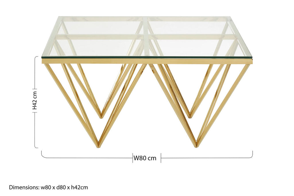 Gold Prismatic Square Coffee Table with Clear Glass Top and Pincer Style Legs | Allure