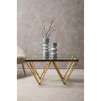 Gold Prismatic Square Coffee Table with Clear Glass Top and Pincer Style Legs | Allure