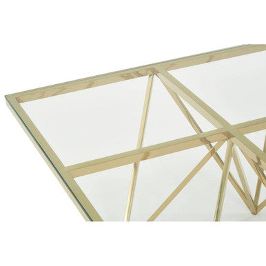 Gold Prismatic Square Coffee Table with Clear Glass Top and Pincer Style Legs | Allure