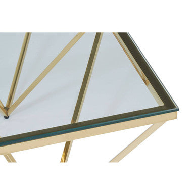 Gold Prismatic Square Coffee Table with Clear Glass Top and Pincer Style Legs | Allure