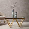 Gold Prismatic Square Coffee Table with Clear Glass Top and Pincer Style Legs | Allure