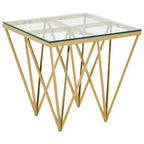 Gold Finish Side Table with Tempered Glass Top and Sculptural Metal Base | Allure