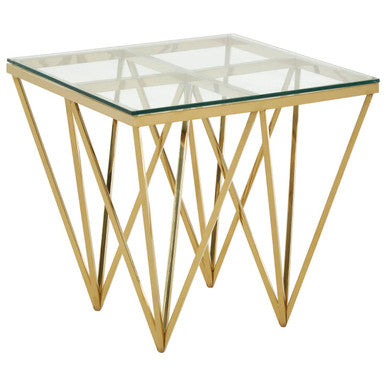 Gold Finish Side Table with Tempered Glass Top and Sculptural Metal Base | Allure