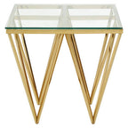 Gold Finish Side Table with Tempered Glass Top and Sculptural Metal Base | Allure