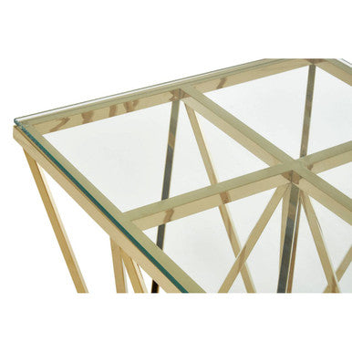 Gold Finish Side Table with Tempered Glass Top and Sculptural Metal Base | Allure
