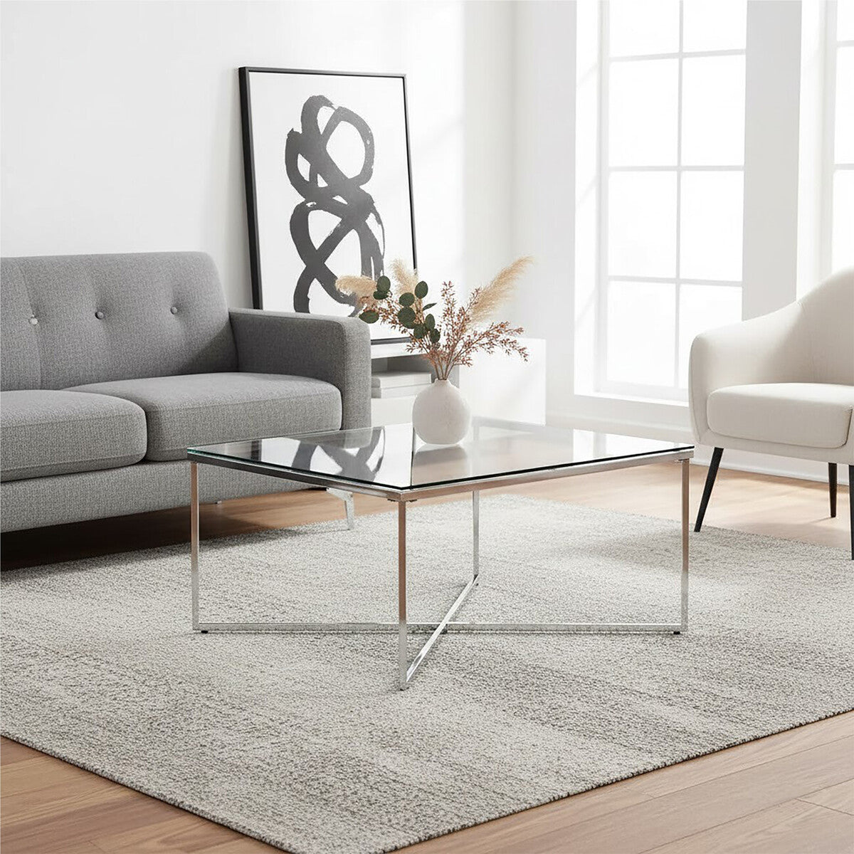 Silver Cross Base Coffee Table with Clear Tempered Glass Top | Allure