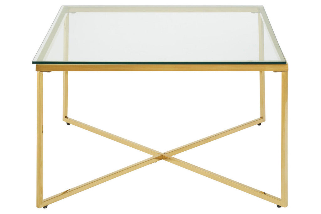 Gold Finish Coffee Table with Intersecting Cross Base and Clear Glass Top, Allure