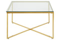 Gold Finish Coffee Table with Intersecting Cross Base and Clear Glass Top, Allure