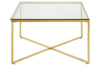 Gold Finish Coffee Table with Intersecting Cross Base and Clear Glass Top, Allure