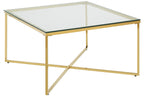 Gold Finish Coffee Table with Intersecting Cross Base and Clear Glass Top, Allure
