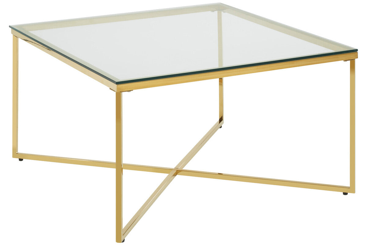 Gold Finish Coffee Table with Intersecting Cross Base and Clear Glass Top, Allure