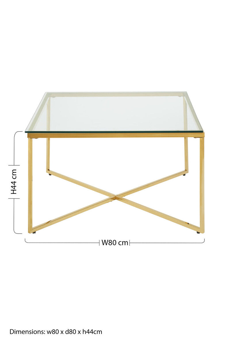 Gold Finish Coffee Table with Intersecting Cross Base and Clear Glass Top, Allure