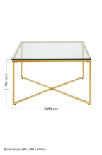 Gold Finish Coffee Table with Intersecting Cross Base and Clear Glass Top, Allure