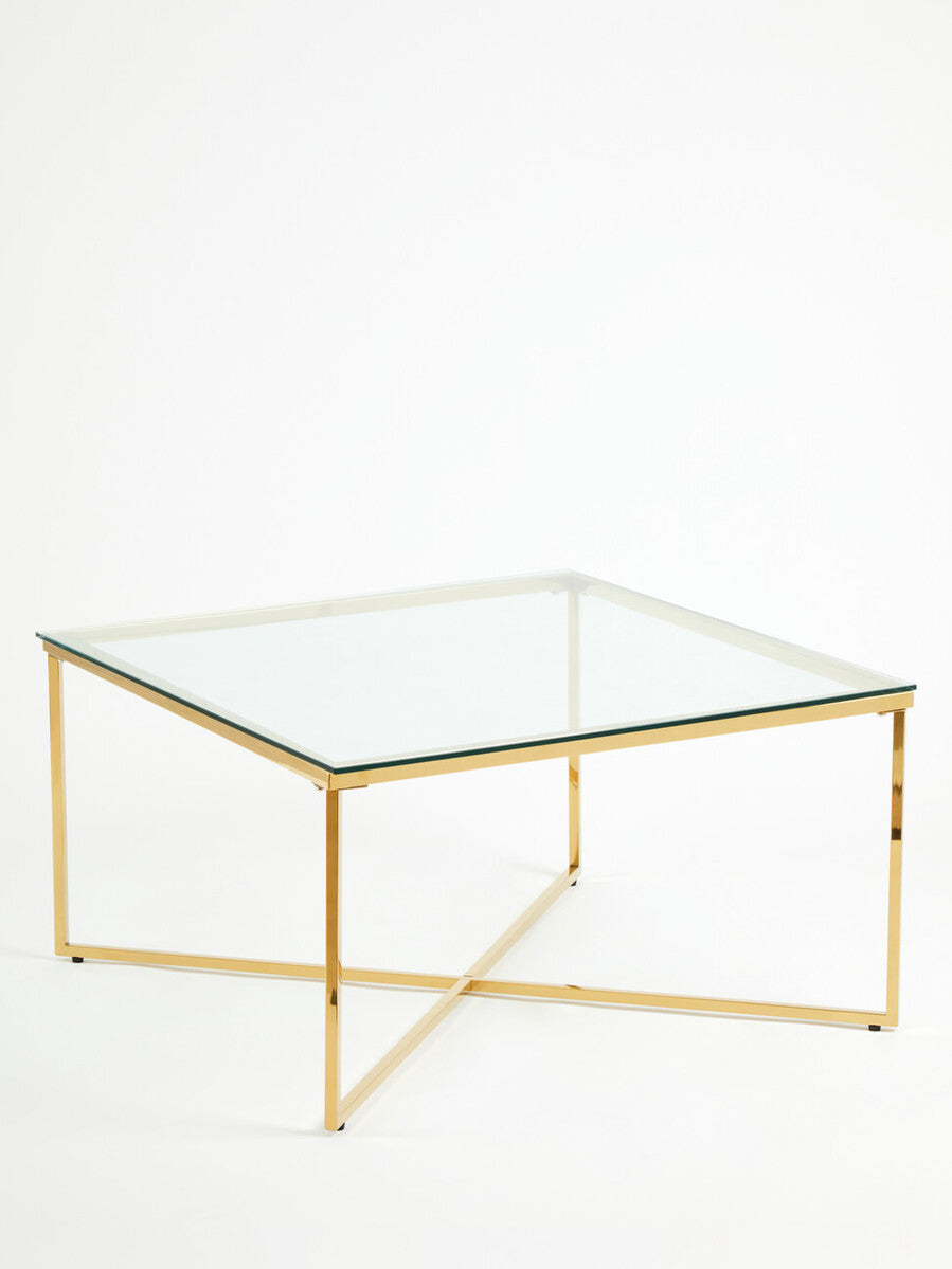 Gold Finish Coffee Table with Intersecting Cross Base and Clear Glass Top, Allure