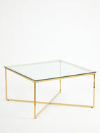 Gold Finish Coffee Table with Intersecting Cross Base and Clear Glass Top, Allure