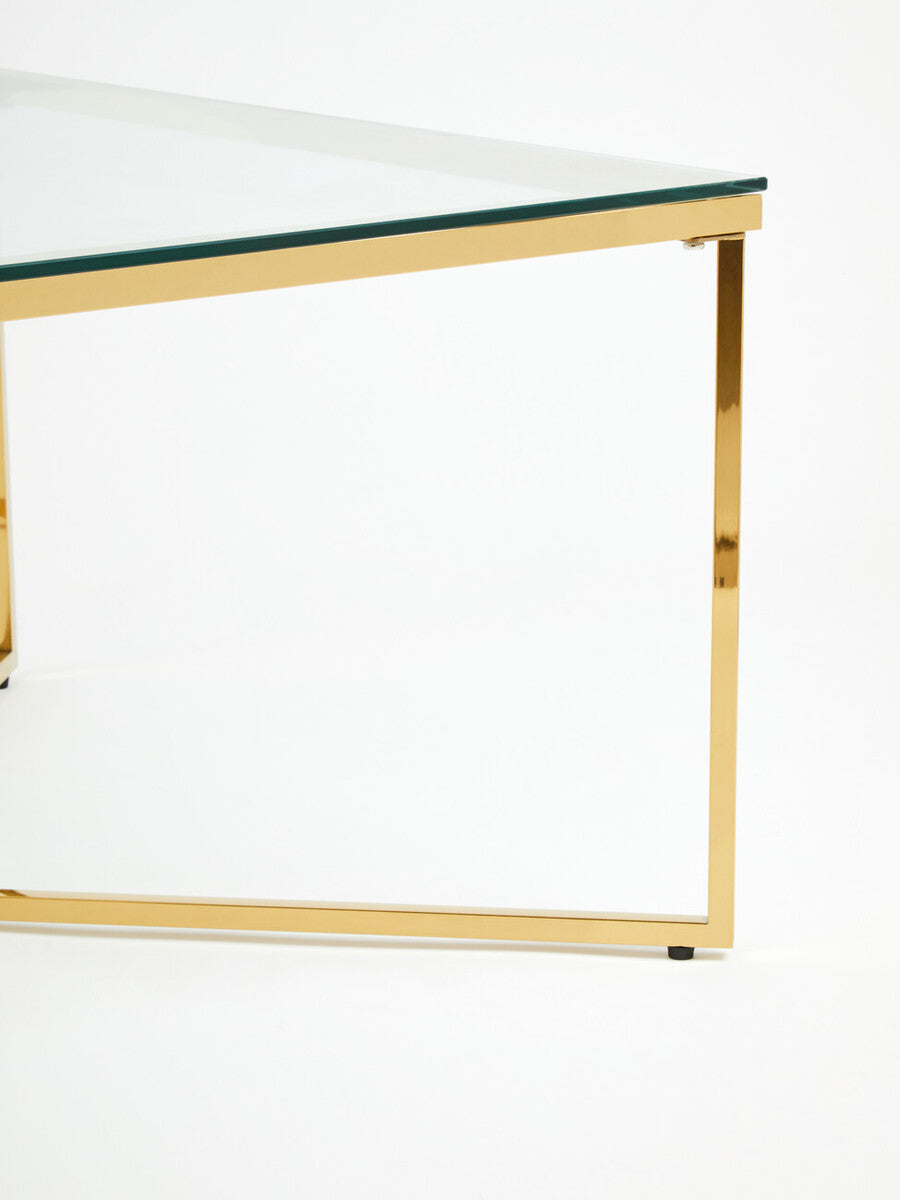 Gold Finish Coffee Table with Intersecting Cross Base and Clear Glass Top, Allure