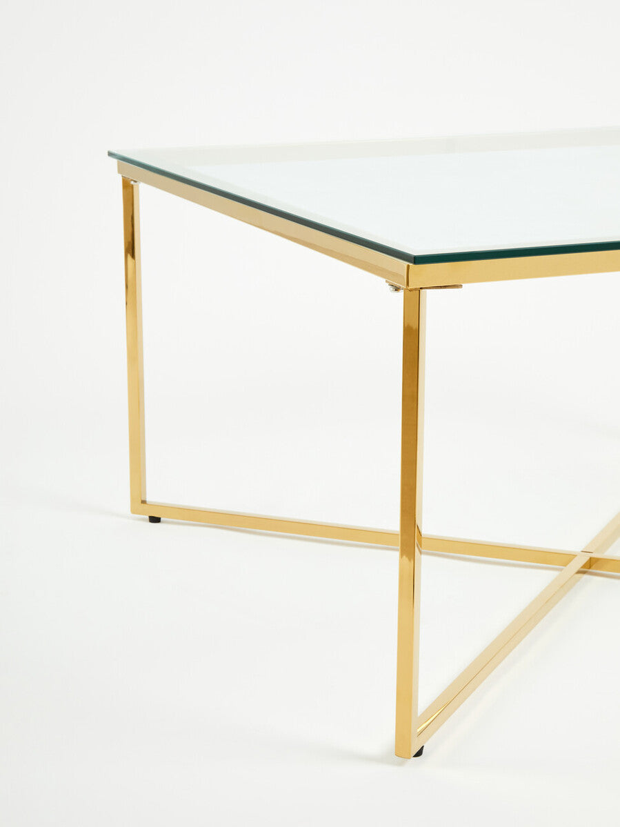 Gold Finish Coffee Table with Intersecting Cross Base and Clear Glass Top, Allure