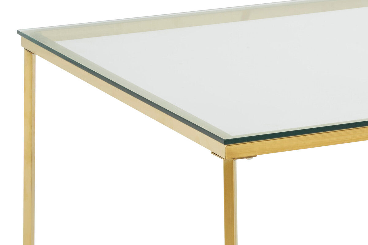 Gold Finish Coffee Table with Intersecting Cross Base and Clear Glass Top, Allure