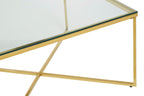Gold Finish Coffee Table with Intersecting Cross Base and Clear Glass Top, Allure