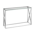 Silver Minimal Console Table with Cross Detail and Clear Tempered Glass Top | Allure