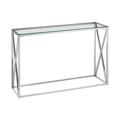 Silver Minimal Console Table with Cross Detail and Clear Tempered Glass Top | Allure
