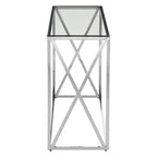 Silver Minimal Console Table with Cross Detail and Clear Tempered Glass Top | Allure