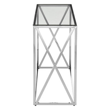 Silver Minimal Console Table with Cross Detail and Clear Tempered Glass Top | Allure