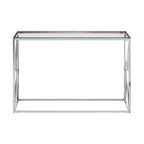 Silver Minimal Console Table with Cross Detail and Clear Tempered Glass Top | Allure