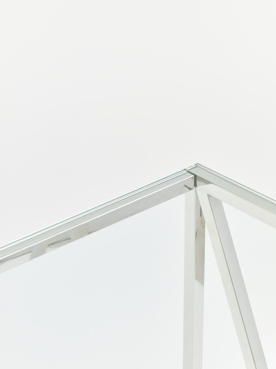 Silver Minimal Console Table with Cross Detail and Clear Tempered Glass Top | Allure