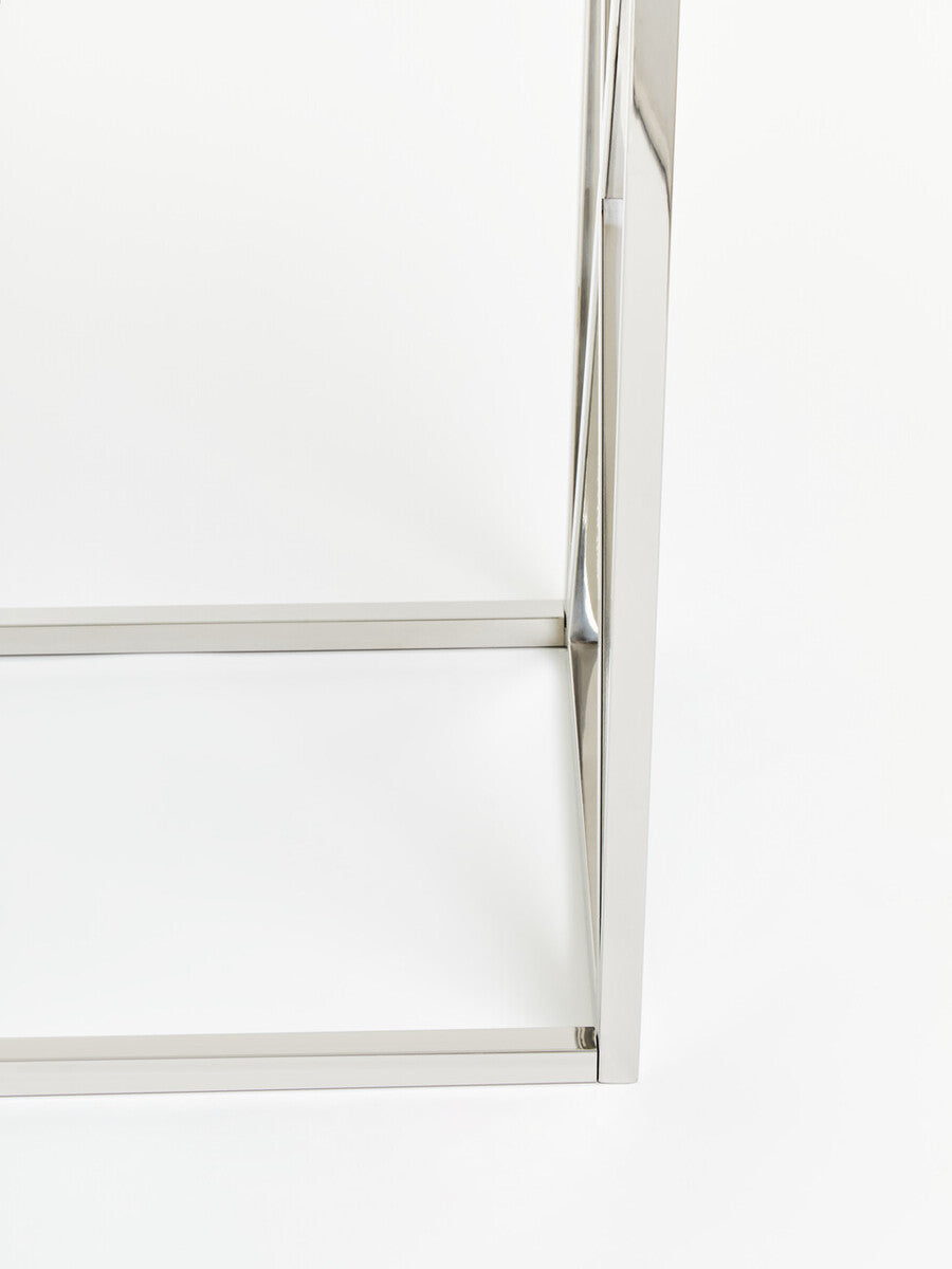 Silver Minimal Console Table with Cross Detail and Clear Tempered Glass Top | Allure