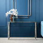 Silver Minimal Console Table with Cross Detail and Clear Tempered Glass Top | Allure