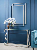Silver Minimal Console Table with Cross Detail and Clear Tempered Glass Top | Allure