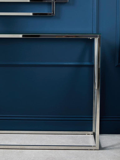 Silver Minimal Console Table with Cross Detail and Clear Tempered Glass Top | Allure