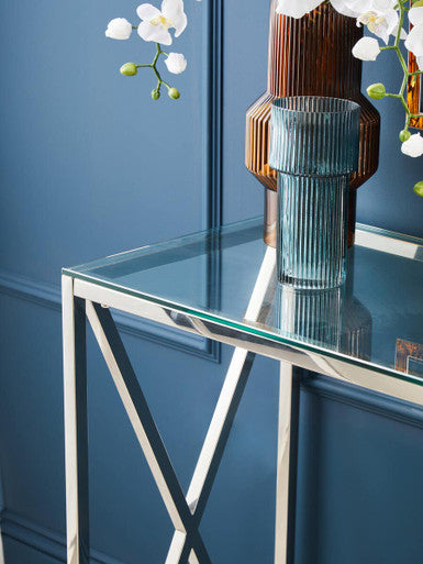 Silver Minimal Console Table with Cross Detail and Clear Tempered Glass Top | Allure