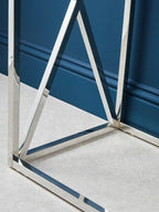 Silver Minimal Console Table with Cross Detail and Clear Tempered Glass Top | Allure